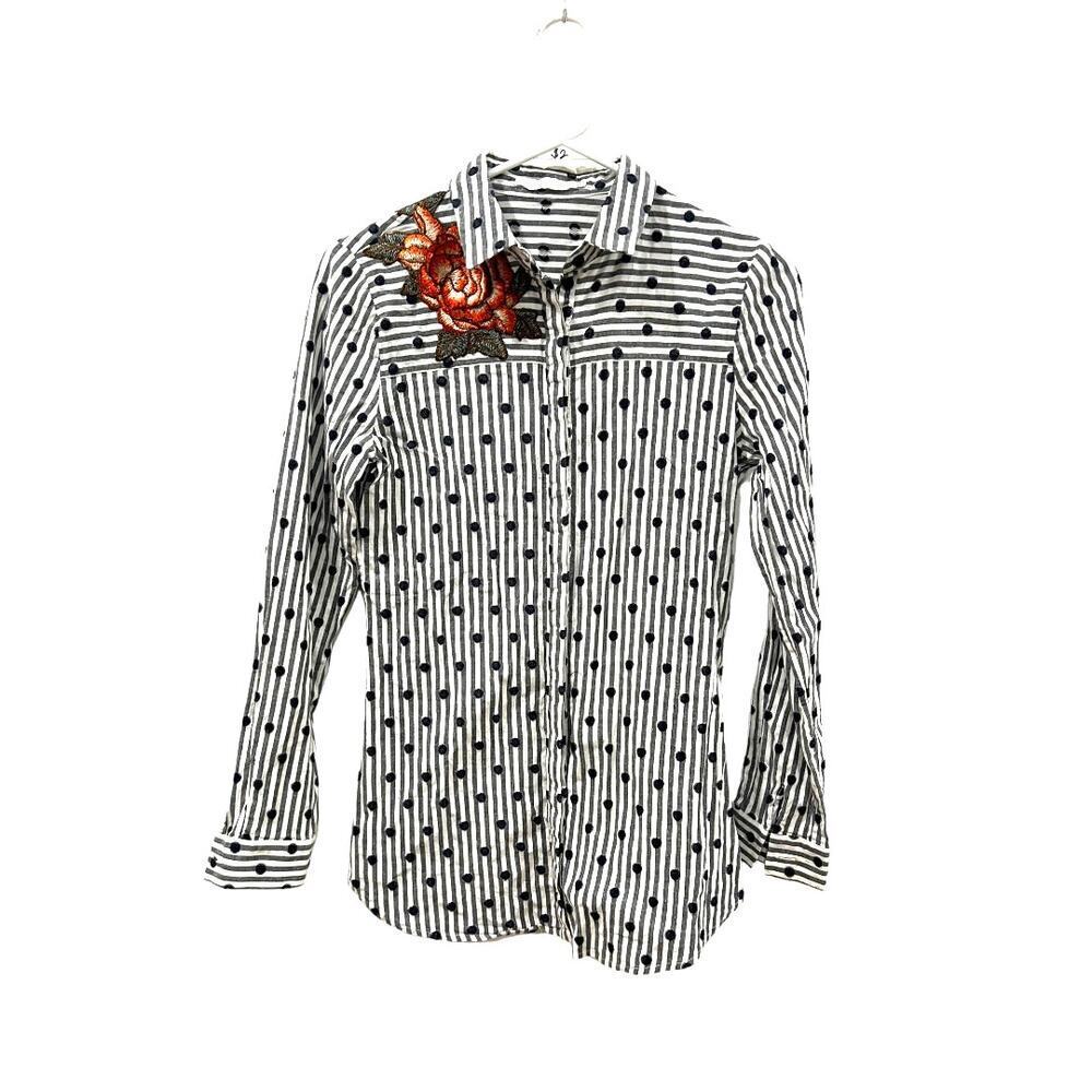 Anne Fontaine Rose Floral Embroidered Striped Polka Dot Collared Button-Down